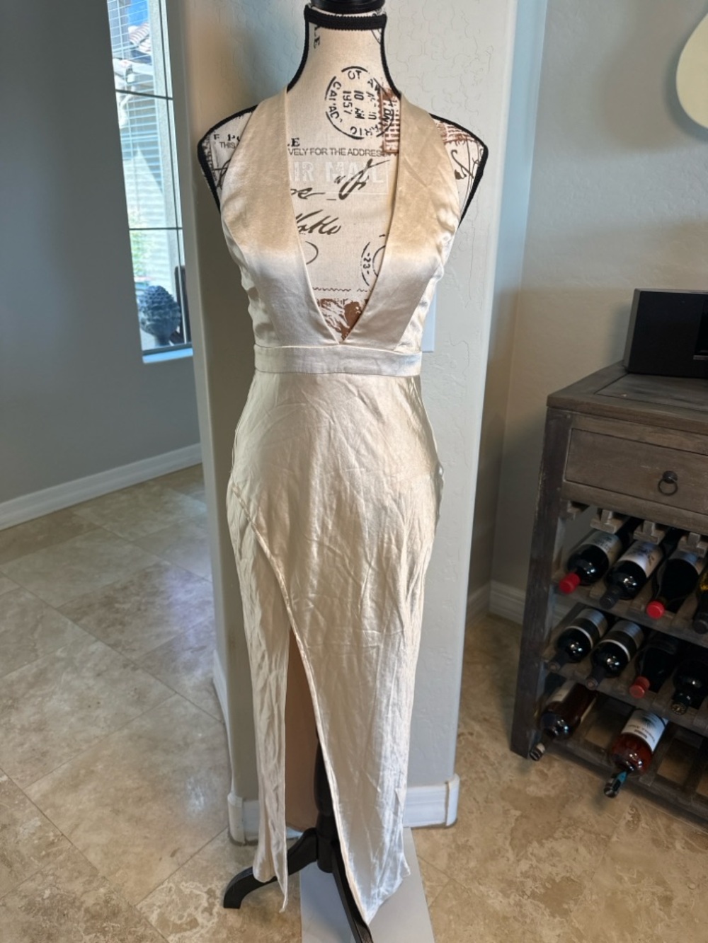 Plunging Satin Halter V-Neck with thigh high Slit Evening Gown in Champagne NWT - Picture 2 of 9